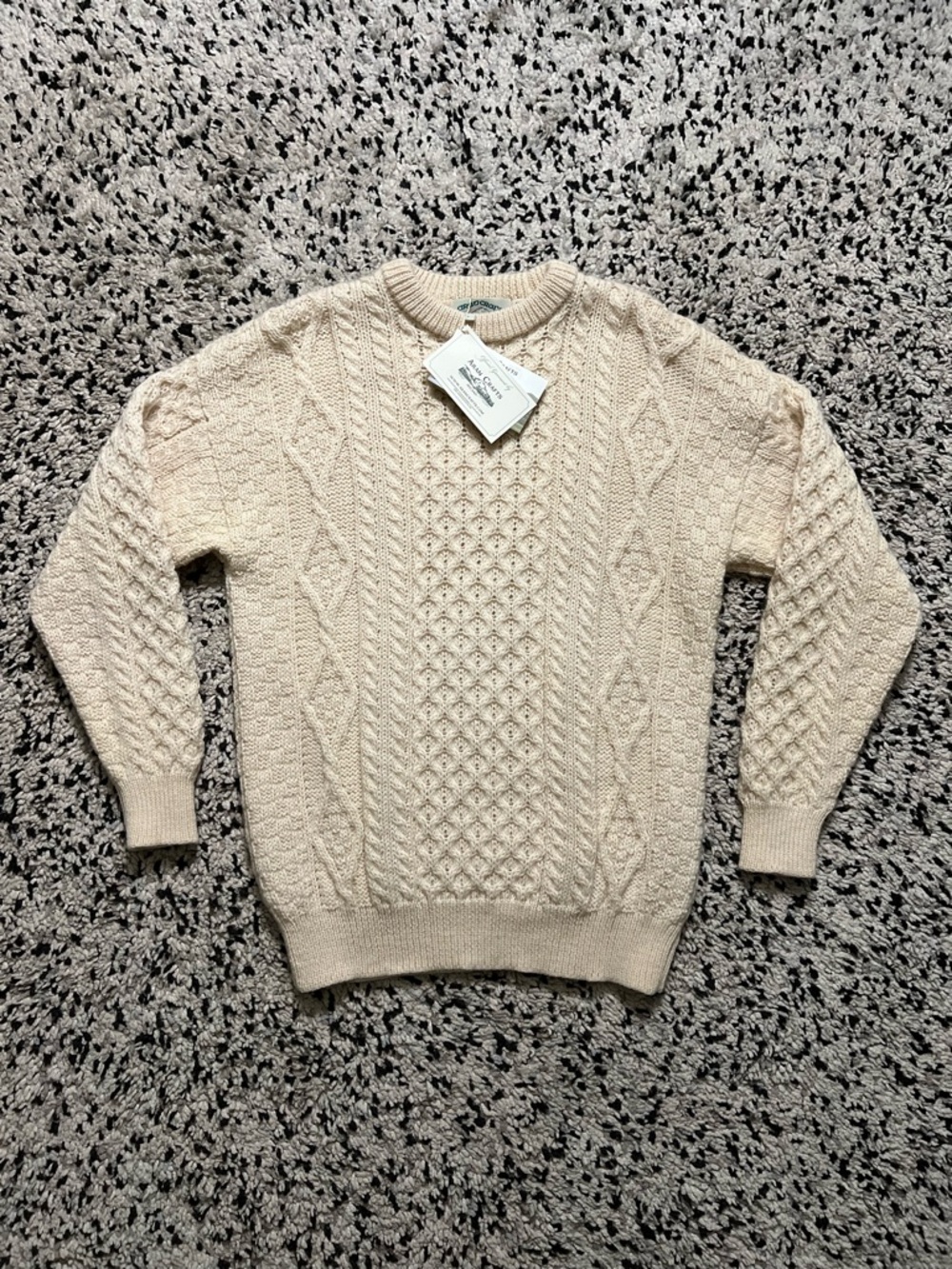 Aran Crafts Sweater Ivory Cable Knit Crew Neck 100% Wool Ireland Pullover Medium